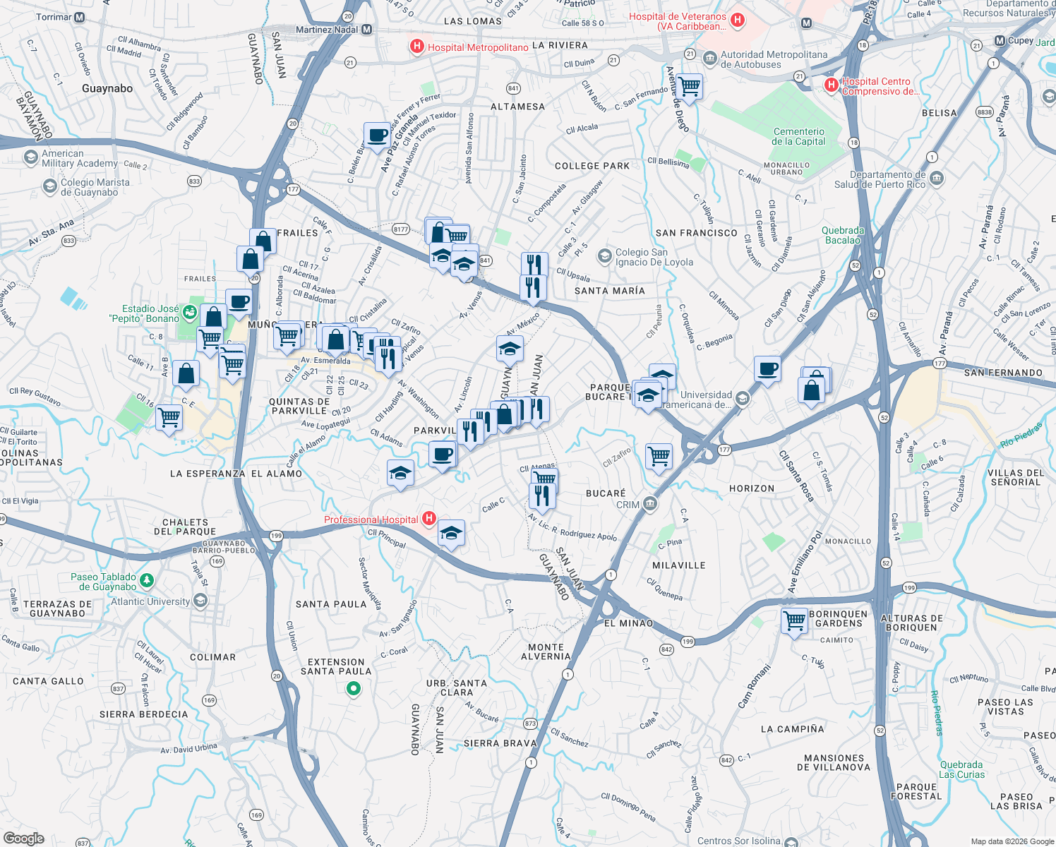 map of restaurants, bars, coffee shops, grocery stores, and more near Calle Lodo Rodriguez in San Juan