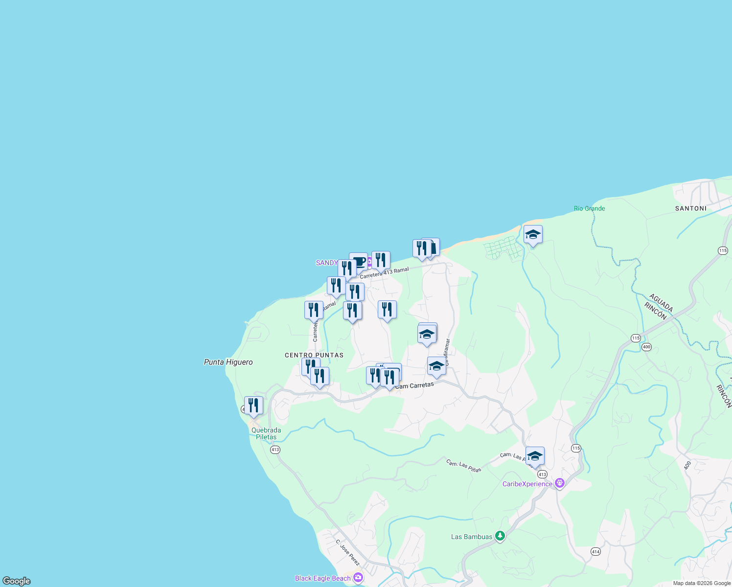 map of restaurants, bars, coffee shops, grocery stores, and more near Calle Juan Hernández in Rincon