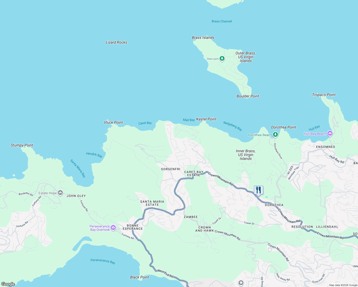 map of restaurants, bars, coffee shops, grocery stores, and more near in Charlotte Amalie West