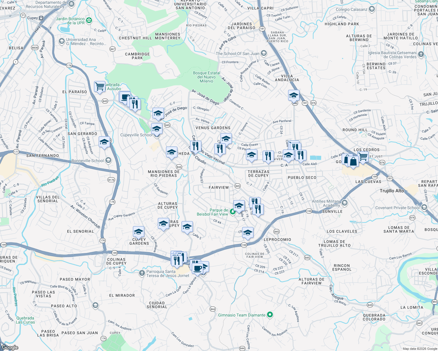map of restaurants, bars, coffee shops, grocery stores, and more near 325 Puerto Rico 845 in San Juan
