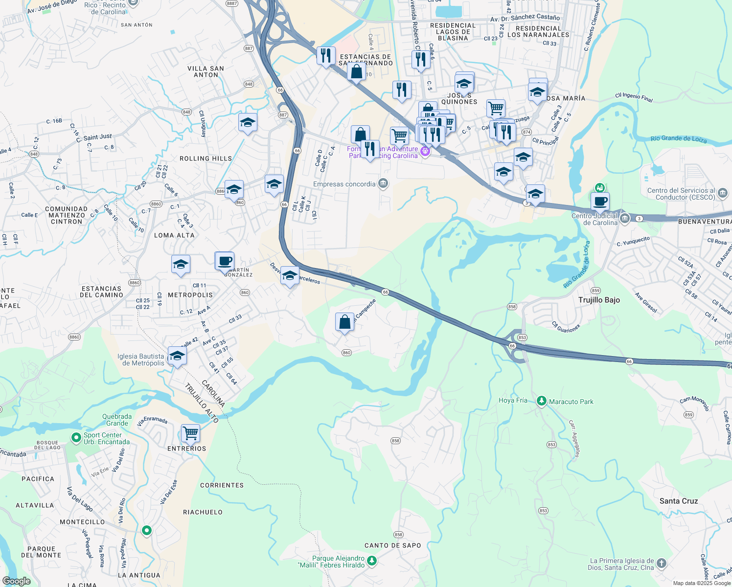 map of restaurants, bars, coffee shops, grocery stores, and more near Camino Campeche in Carolina