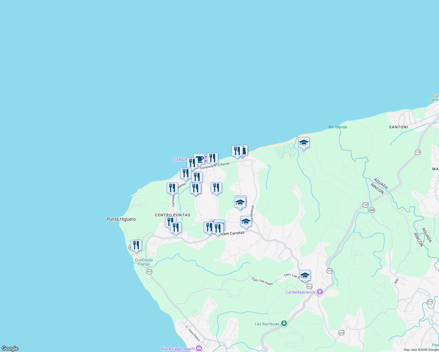 map of restaurants, bars, coffee shops, grocery stores, and more near Calle Colina Linda in Aguada
