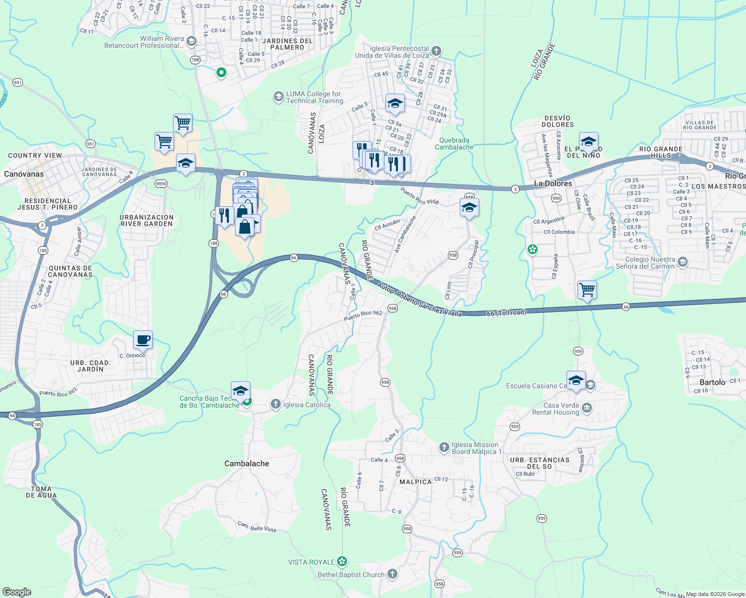 map of restaurants, bars, coffee shops, grocery stores, and more near 329 Calle Caoba in Río Grande