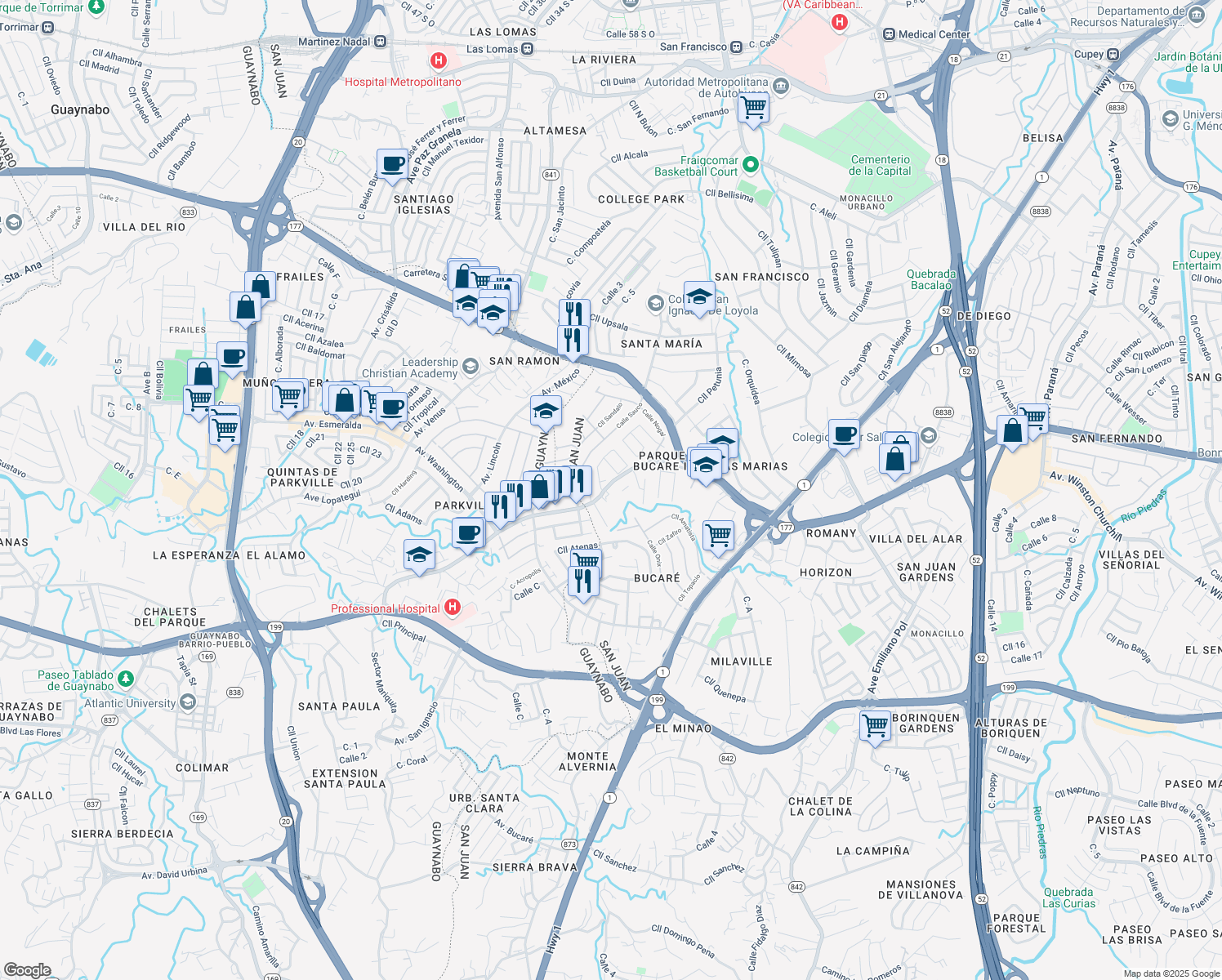 map of restaurants, bars, coffee shops, grocery stores, and more near 2022 Calle Aberdeen in San Juan