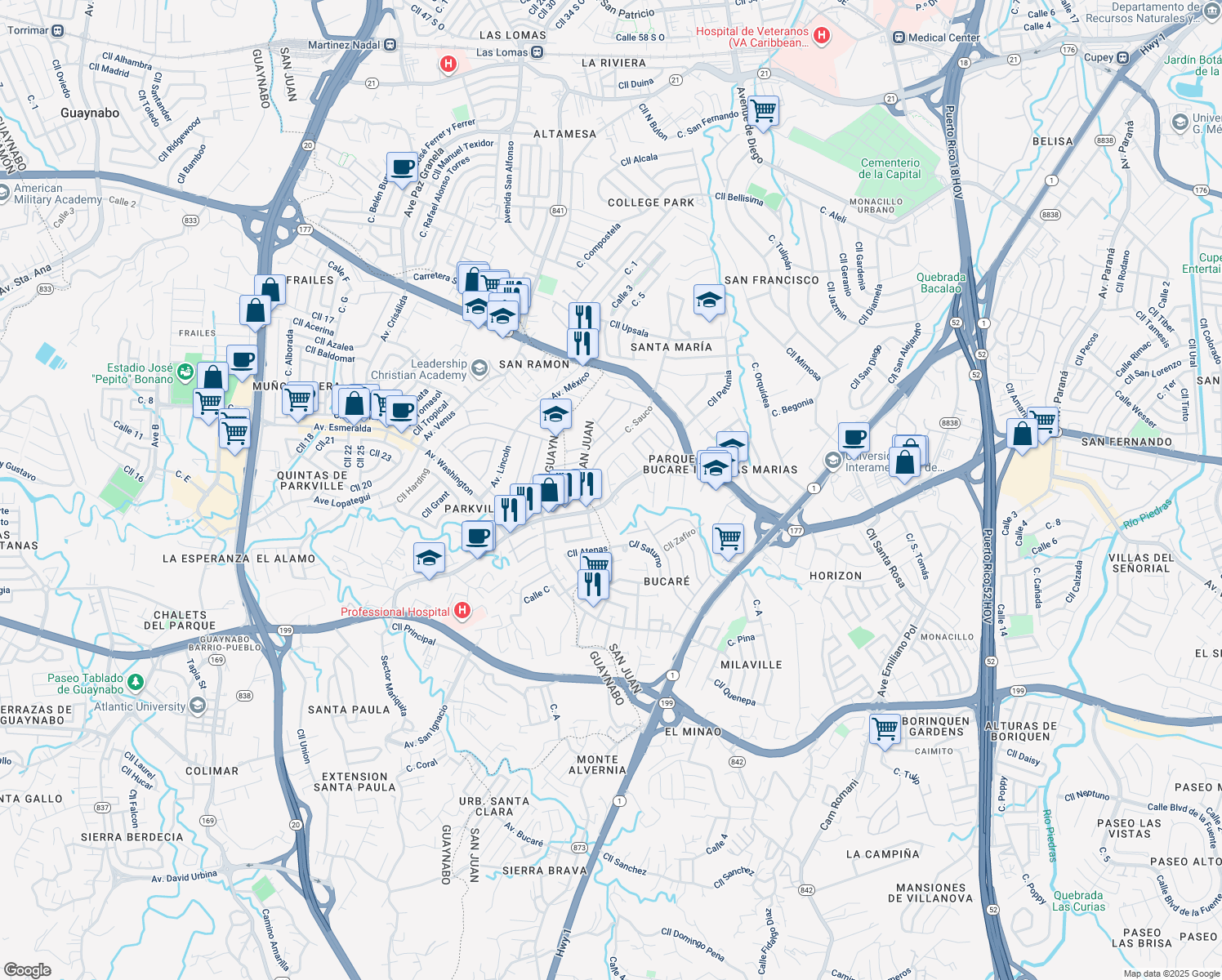 map of restaurants, bars, coffee shops, grocery stores, and more near 2022 Calle Aberdeen in San Juan
