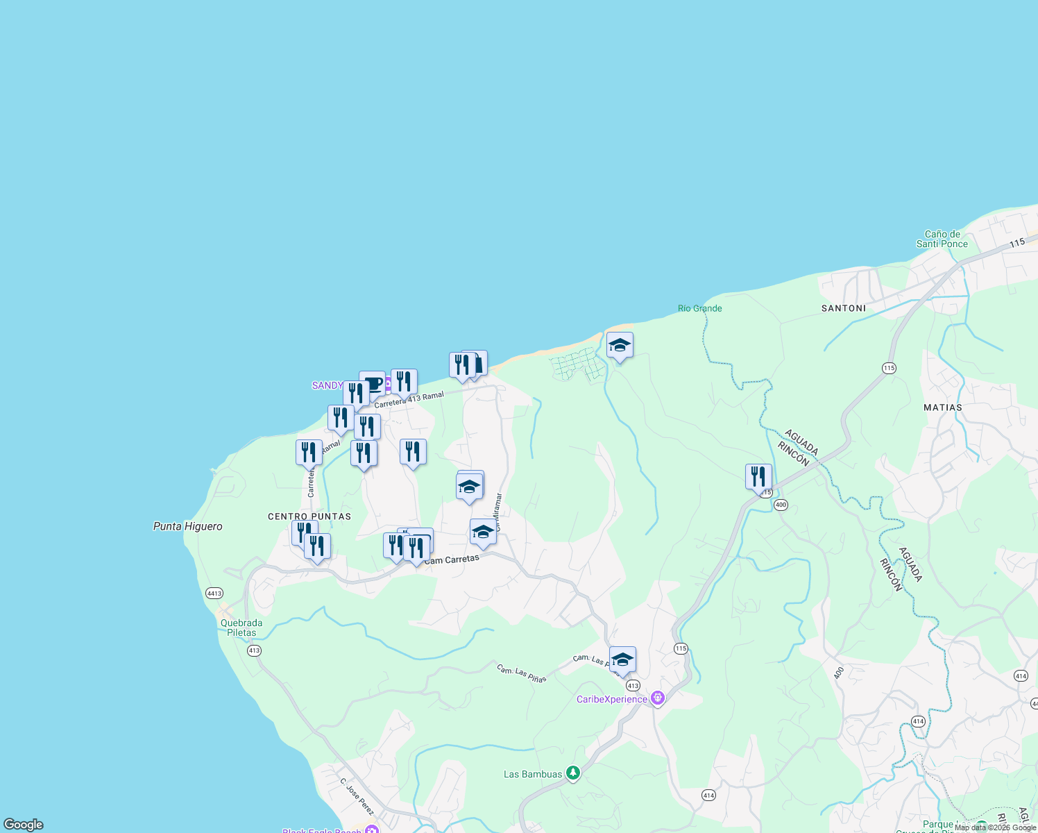 map of restaurants, bars, coffee shops, grocery stores, and more near Calle Las Palmas in Aguada