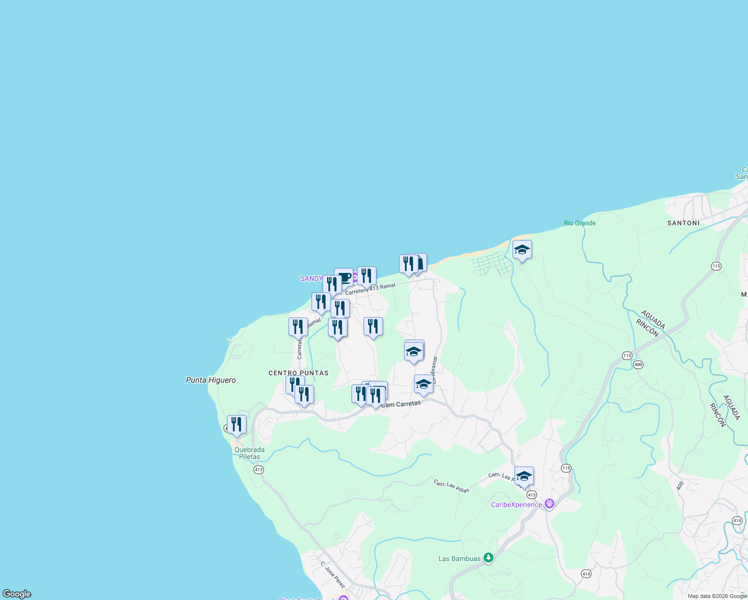 map of restaurants, bars, coffee shops, grocery stores, and more near Calle Colina Linda in Puntas