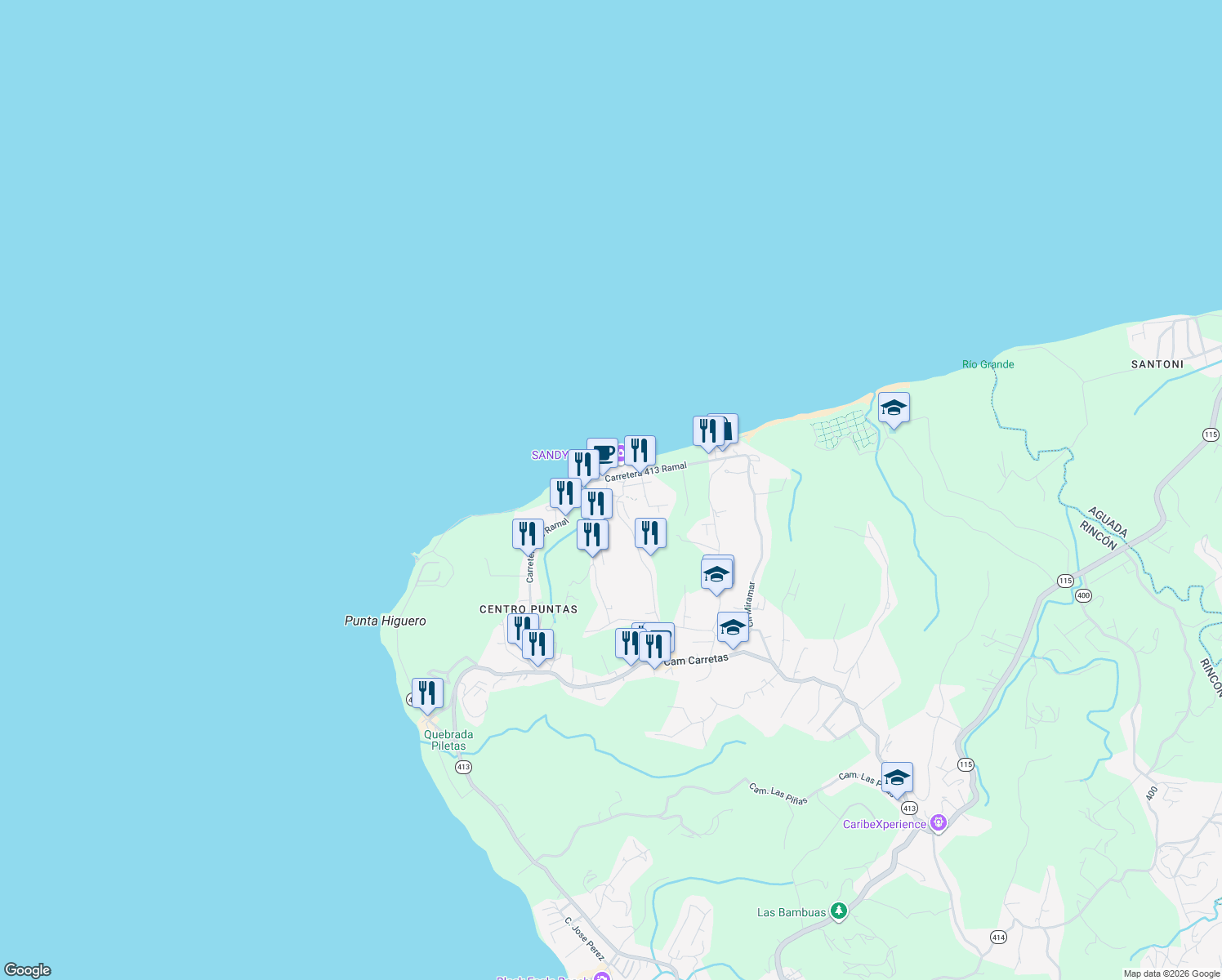 map of restaurants, bars, coffee shops, grocery stores, and more near Calle Juan Hernández in Rincon