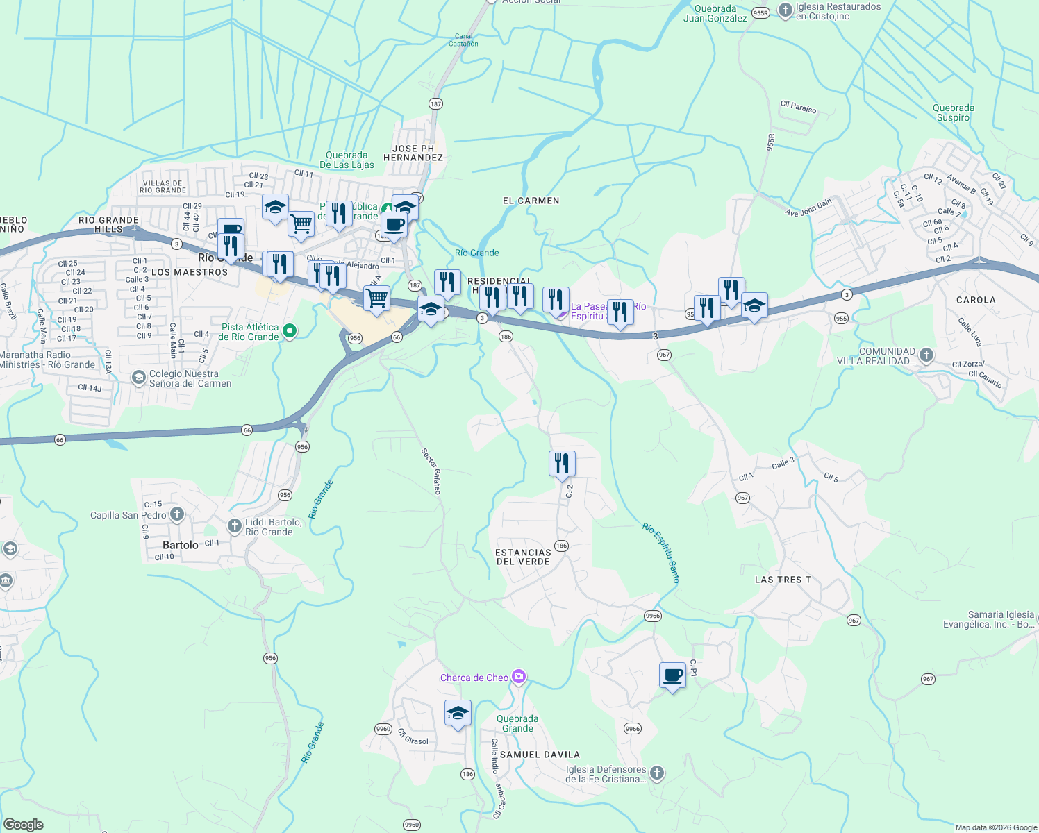 map of restaurants, bars, coffee shops, grocery stores, and more near Calle 3 in Rio Grande