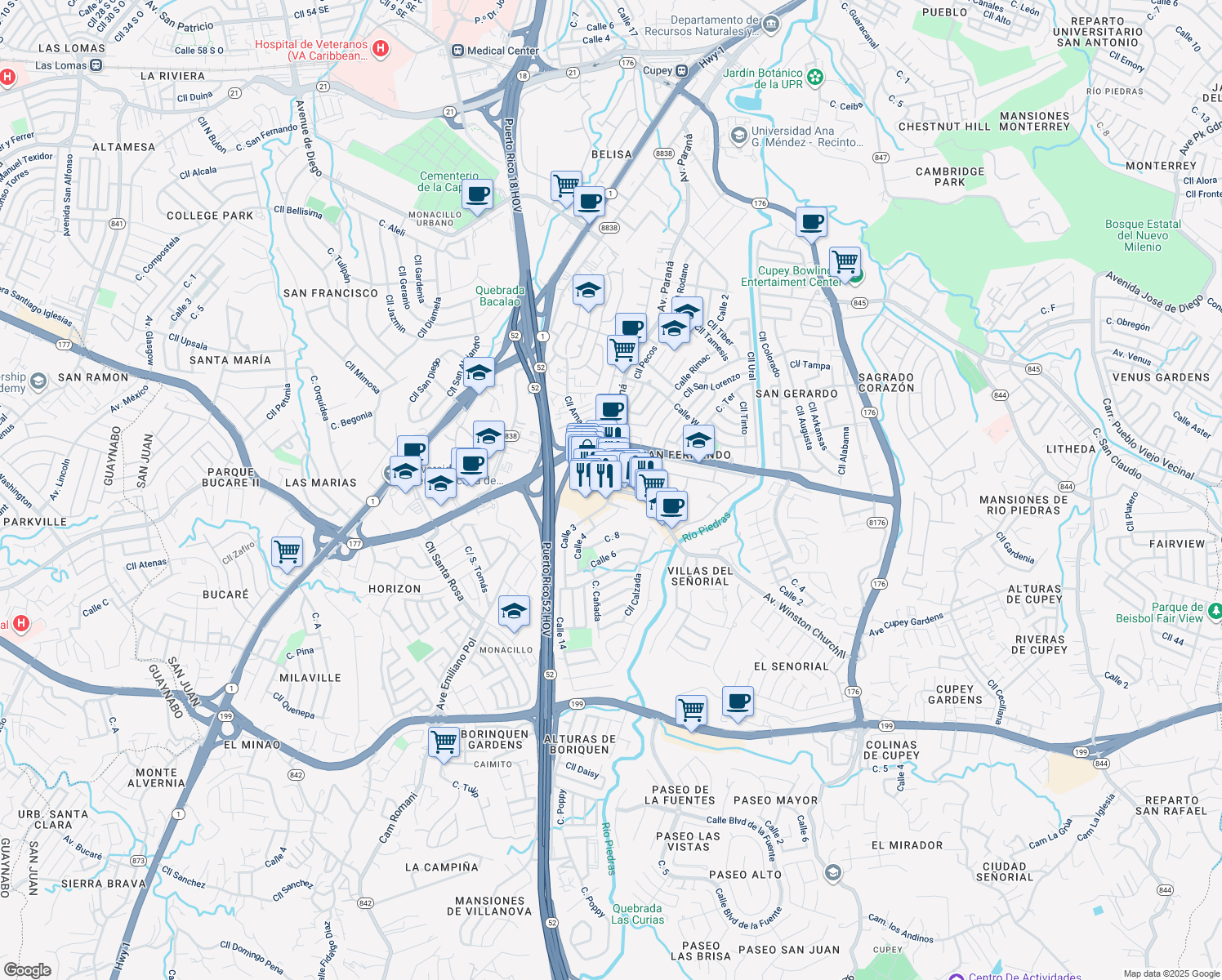 map of restaurants, bars, coffee shops, grocery stores, and more near 128 Avenue Winston Churchill in San Juan