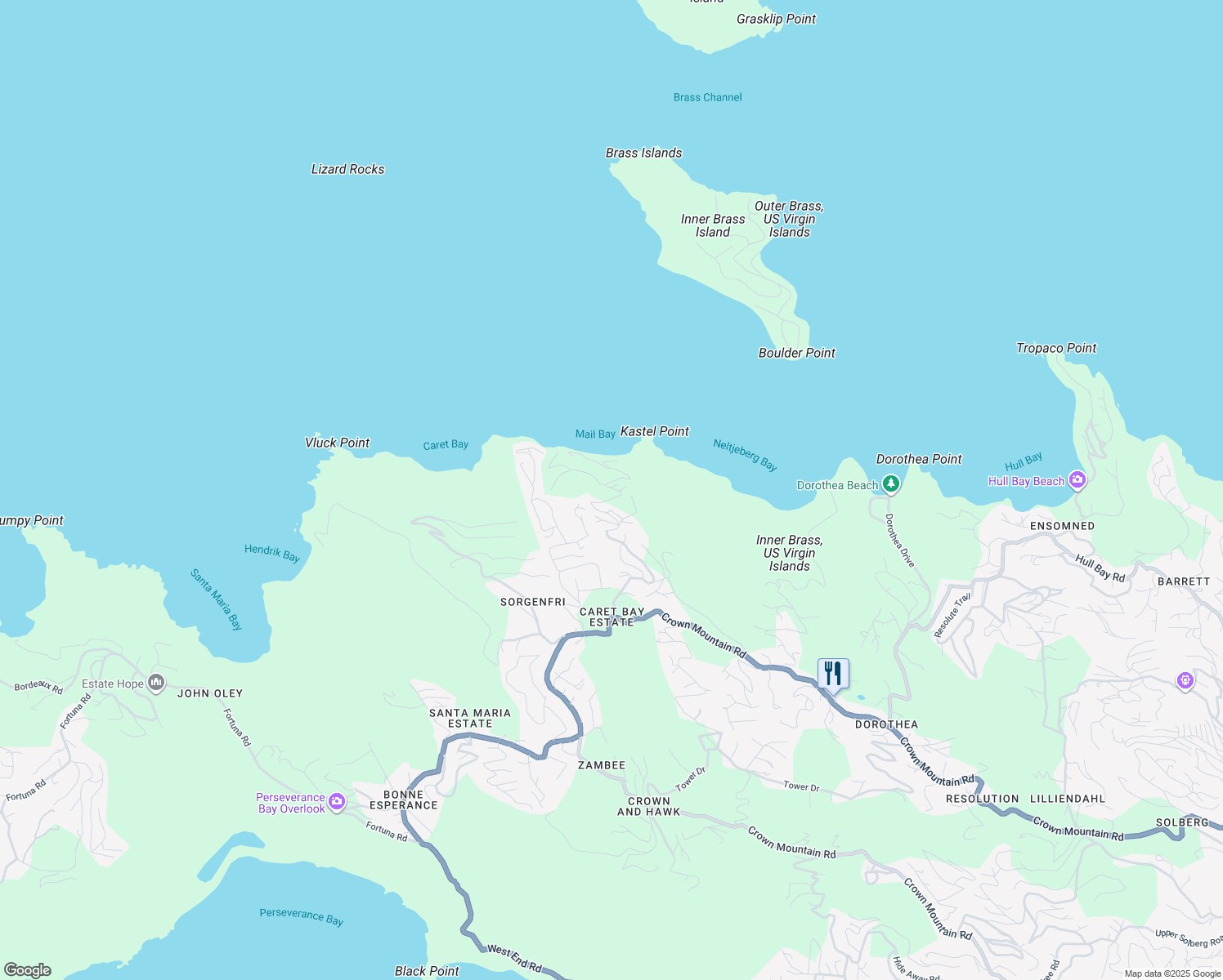 map of restaurants, bars, coffee shops, grocery stores, and more near in Charlotte Amalie West