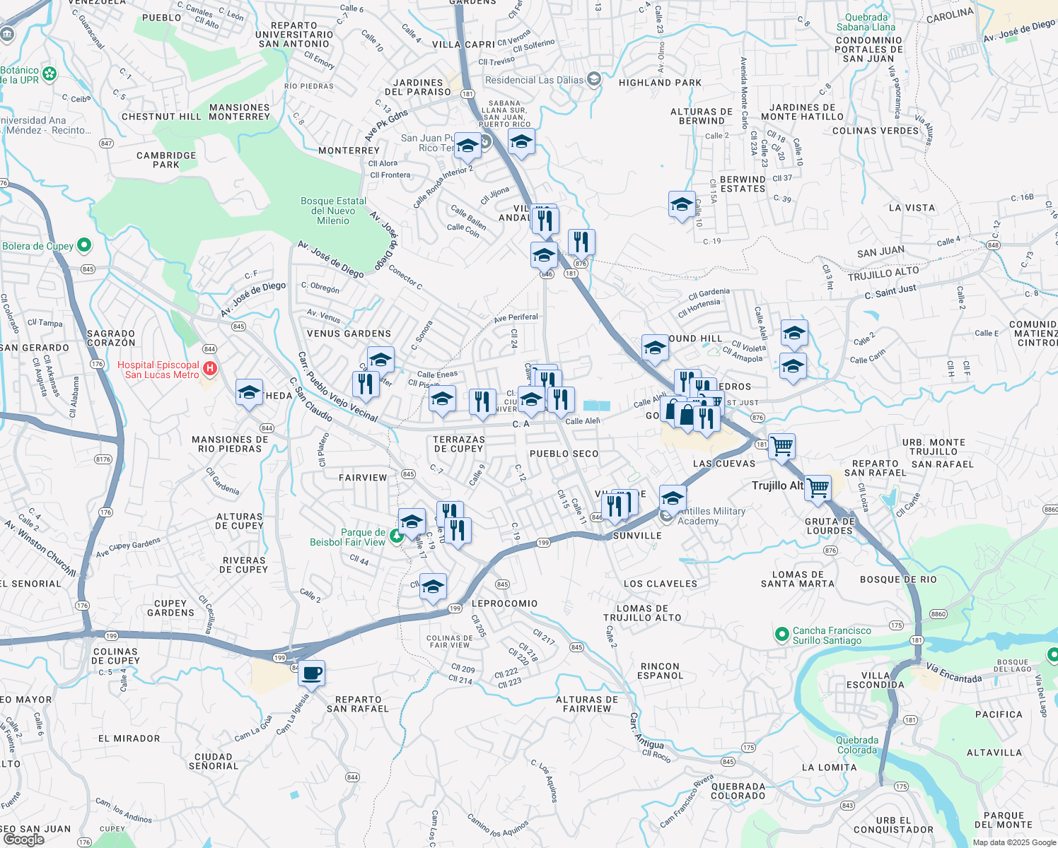 map of restaurants, bars, coffee shops, grocery stores, and more near in Trujillo Alto