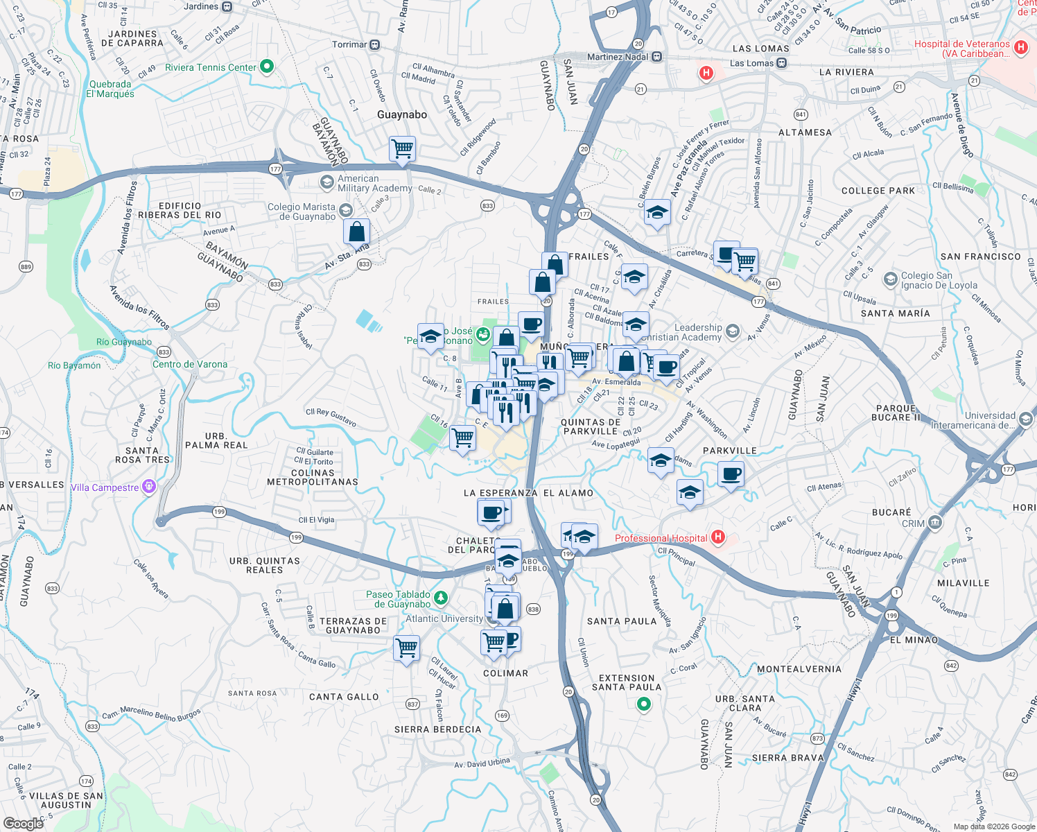 map of restaurants, bars, coffee shops, grocery stores, and more near Calle D in Guaynabo