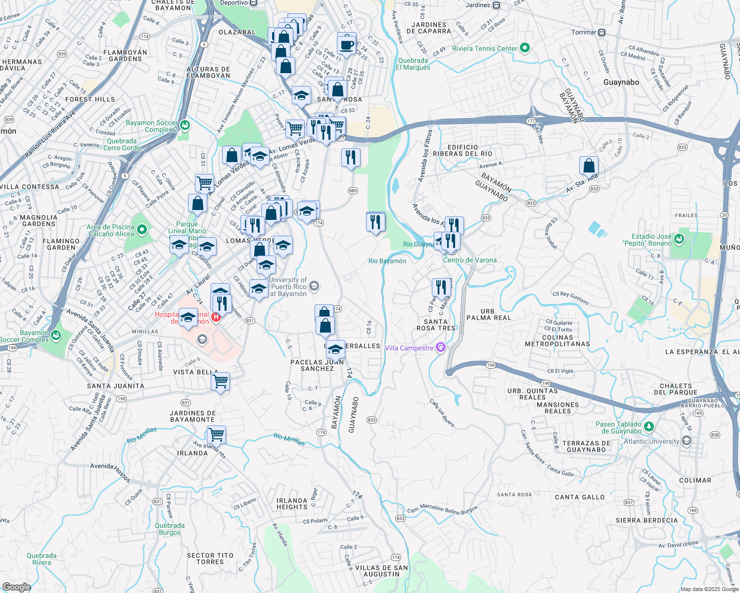 map of restaurants, bars, coffee shops, grocery stores, and more near 174 Calle D in Bayamón