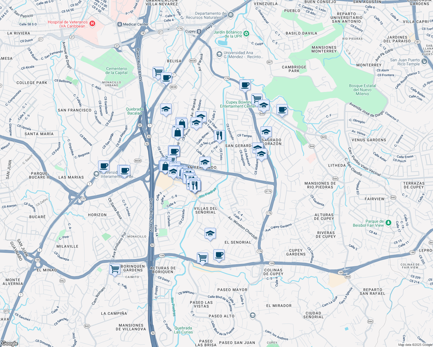 map of restaurants, bars, coffee shops, grocery stores, and more near Puerto Rico 177 in San Juan