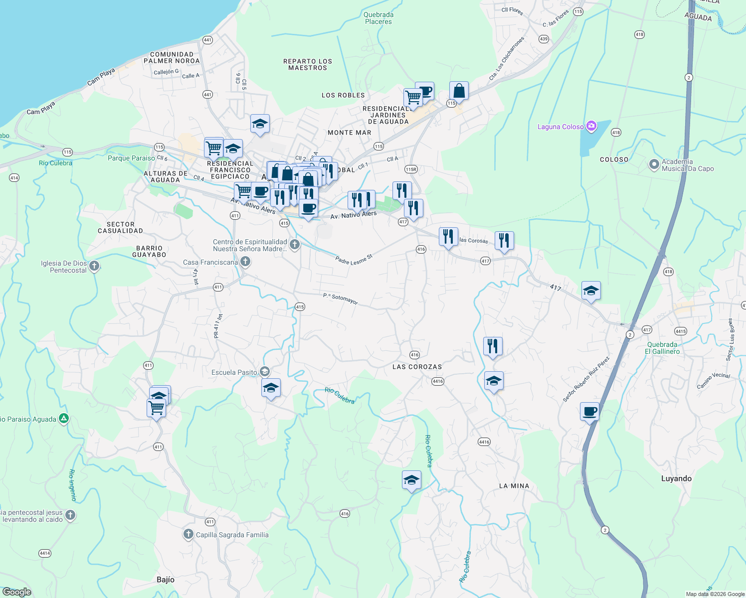 map of restaurants, bars, coffee shops, grocery stores, and more near Calle G in Aguada