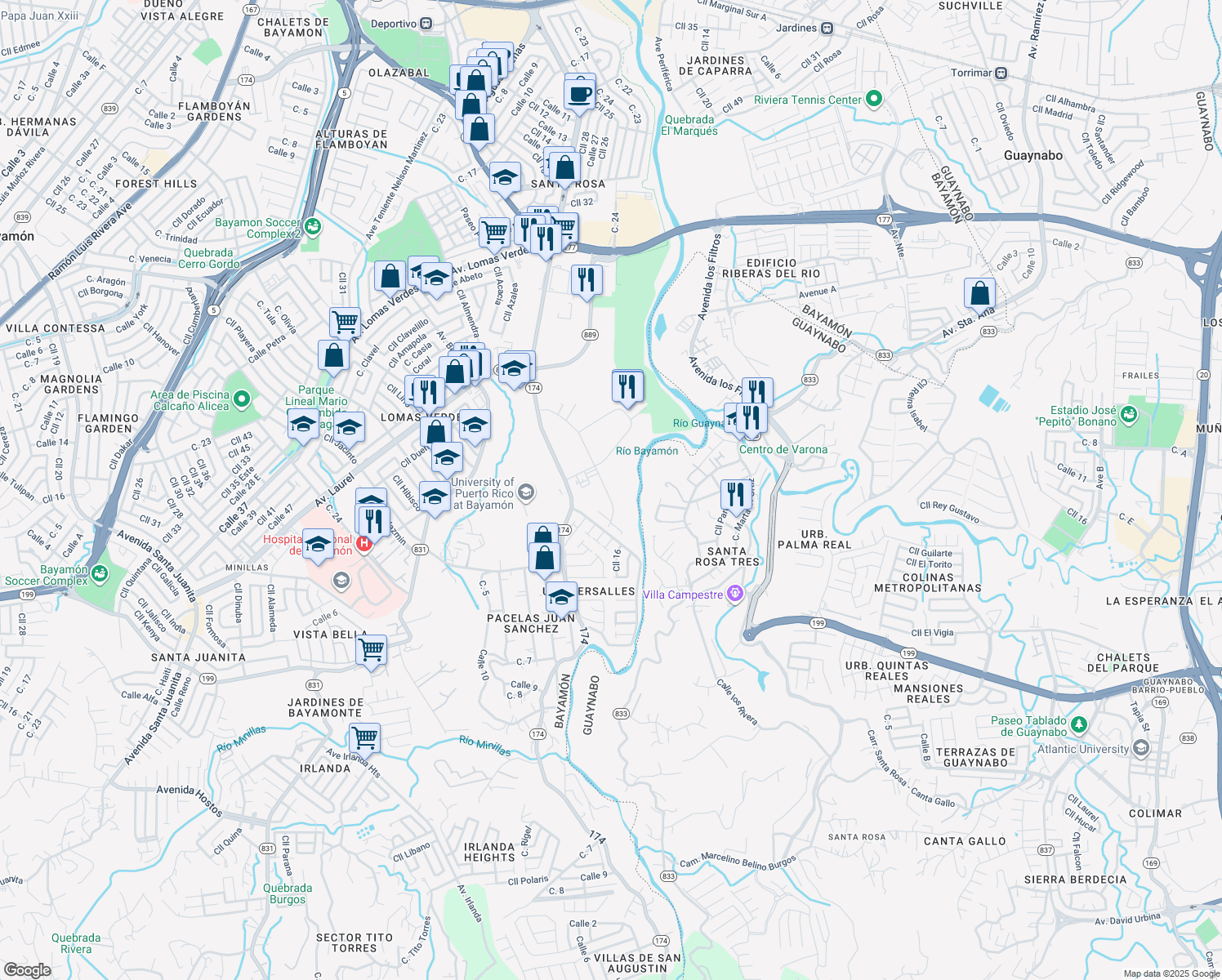 map of restaurants, bars, coffee shops, grocery stores, and more near 174 Calle D in Bayamón