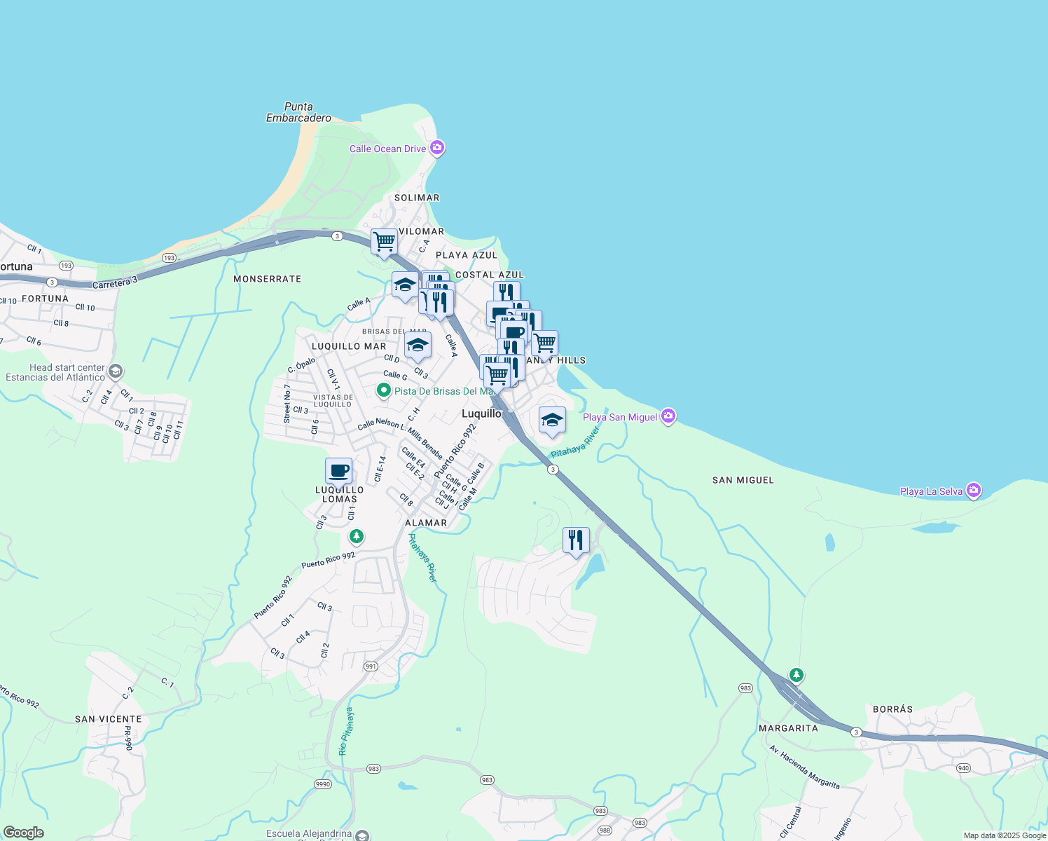 map of restaurants, bars, coffee shops, grocery stores, and more near in Luquillo