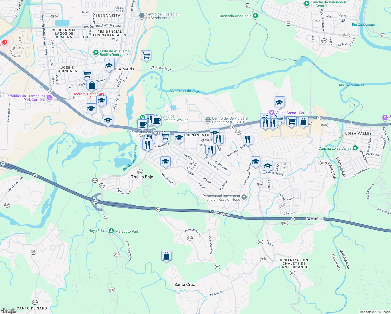 map of restaurants, bars, coffee shops, grocery stores, and more near Calle Yunquecito in Carolina