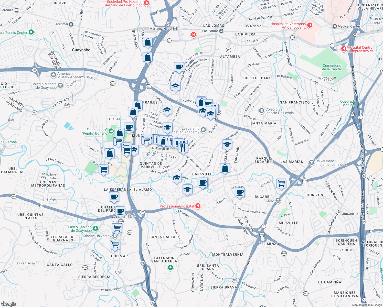 map of restaurants, bars, coffee shops, grocery stores, and more near Calle Harding in Guaynabo