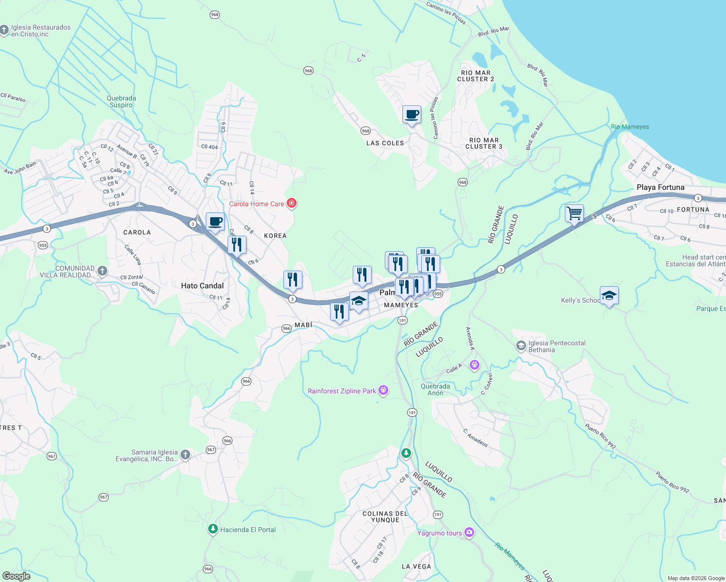 map of restaurants, bars, coffee shops, grocery stores, and more near Calle 9 in Río Grande