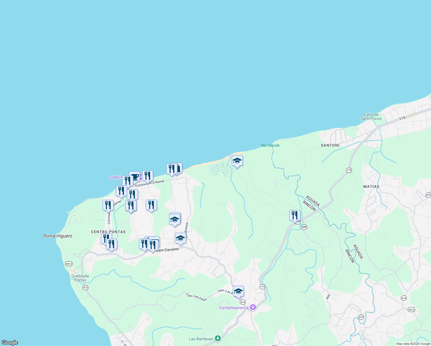 map of restaurants, bars, coffee shops, grocery stores, and more near Calle Las Palmas in Aguada