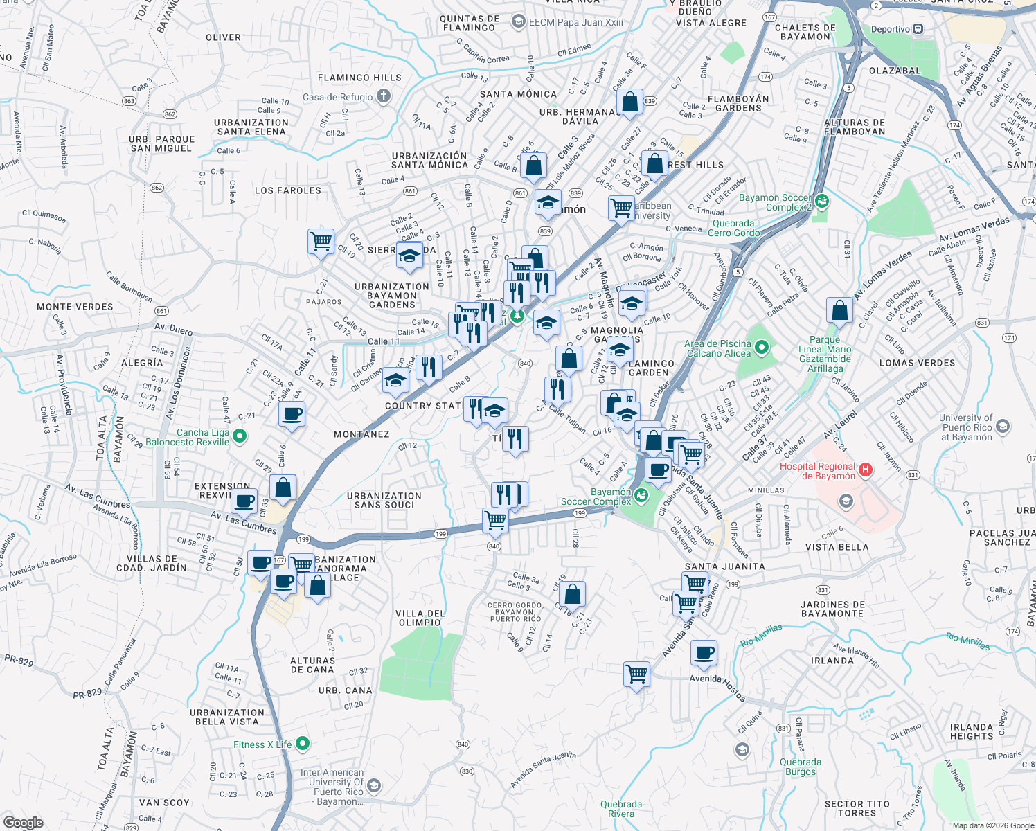 map of restaurants, bars, coffee shops, grocery stores, and more near Carretera 840 in Bayamón