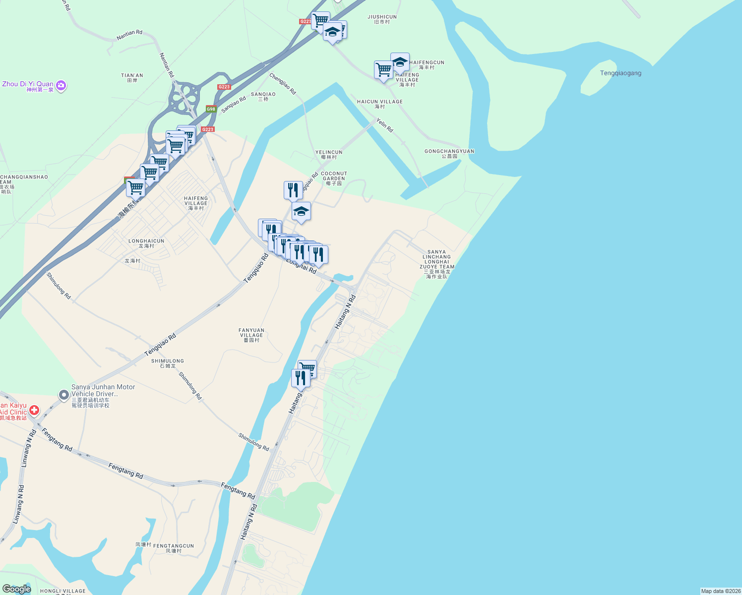 map of restaurants, bars, coffee shops, grocery stores, and more near Hai Tang Bei Lu in San Ya Shi