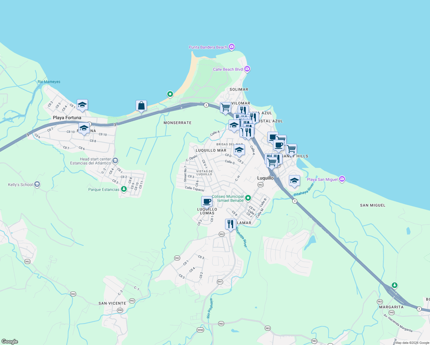map of restaurants, bars, coffee shops, grocery stores, and more near Calle 3 in Luquillo