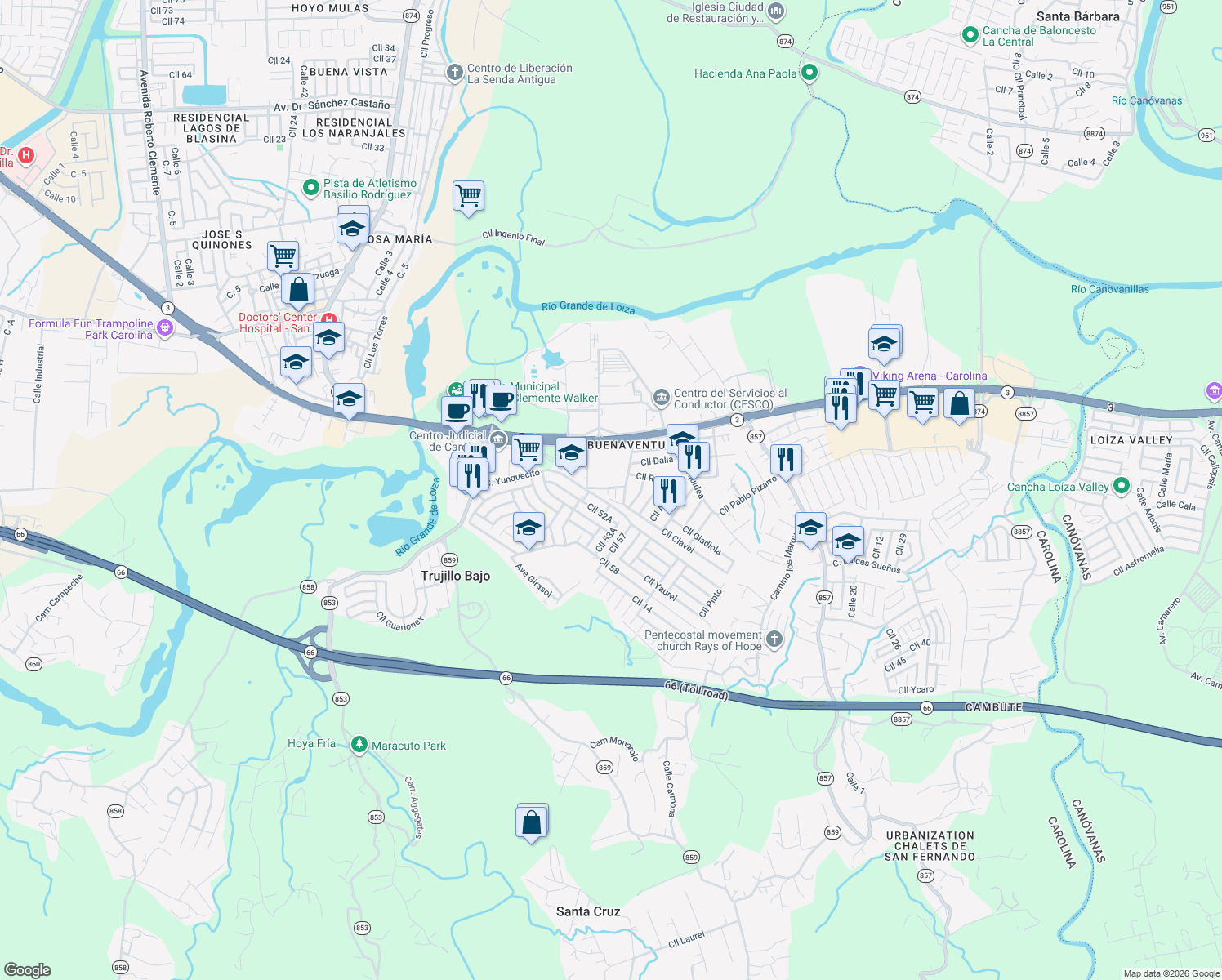 map of restaurants, bars, coffee shops, grocery stores, and more near Calle Yunquecito in Carolina