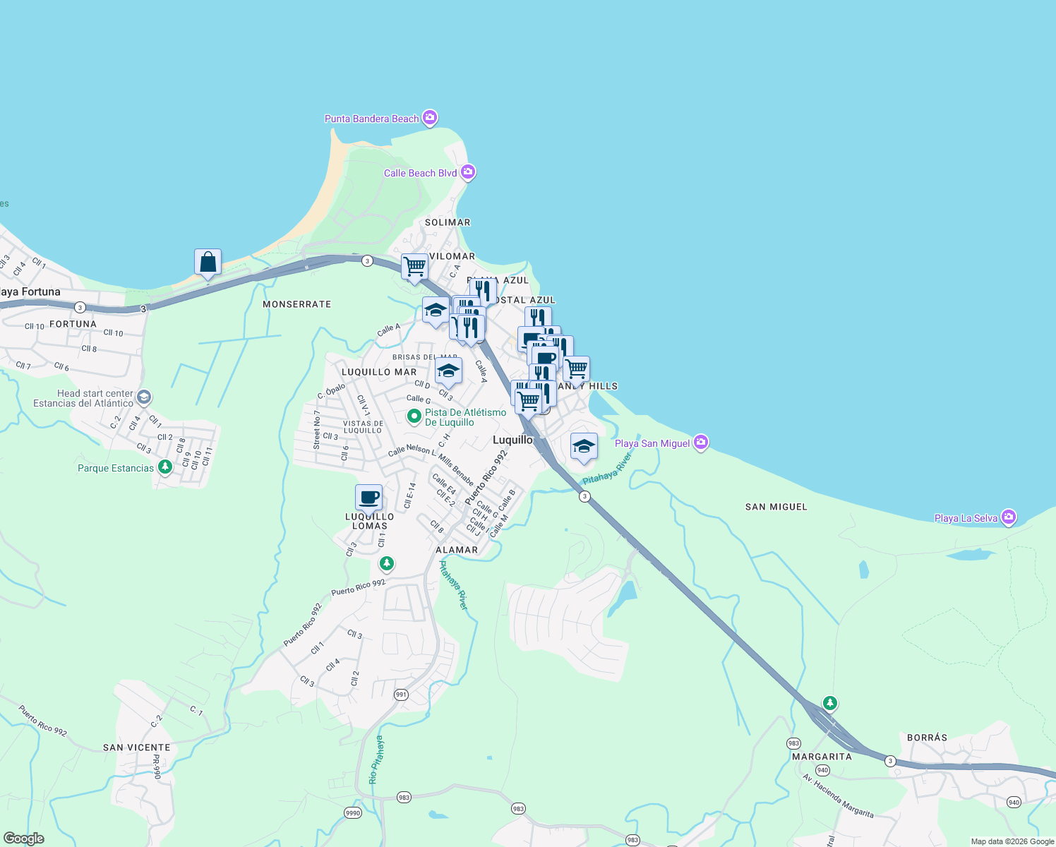 map of restaurants, bars, coffee shops, grocery stores, and more near Highway 3 in Luquillo