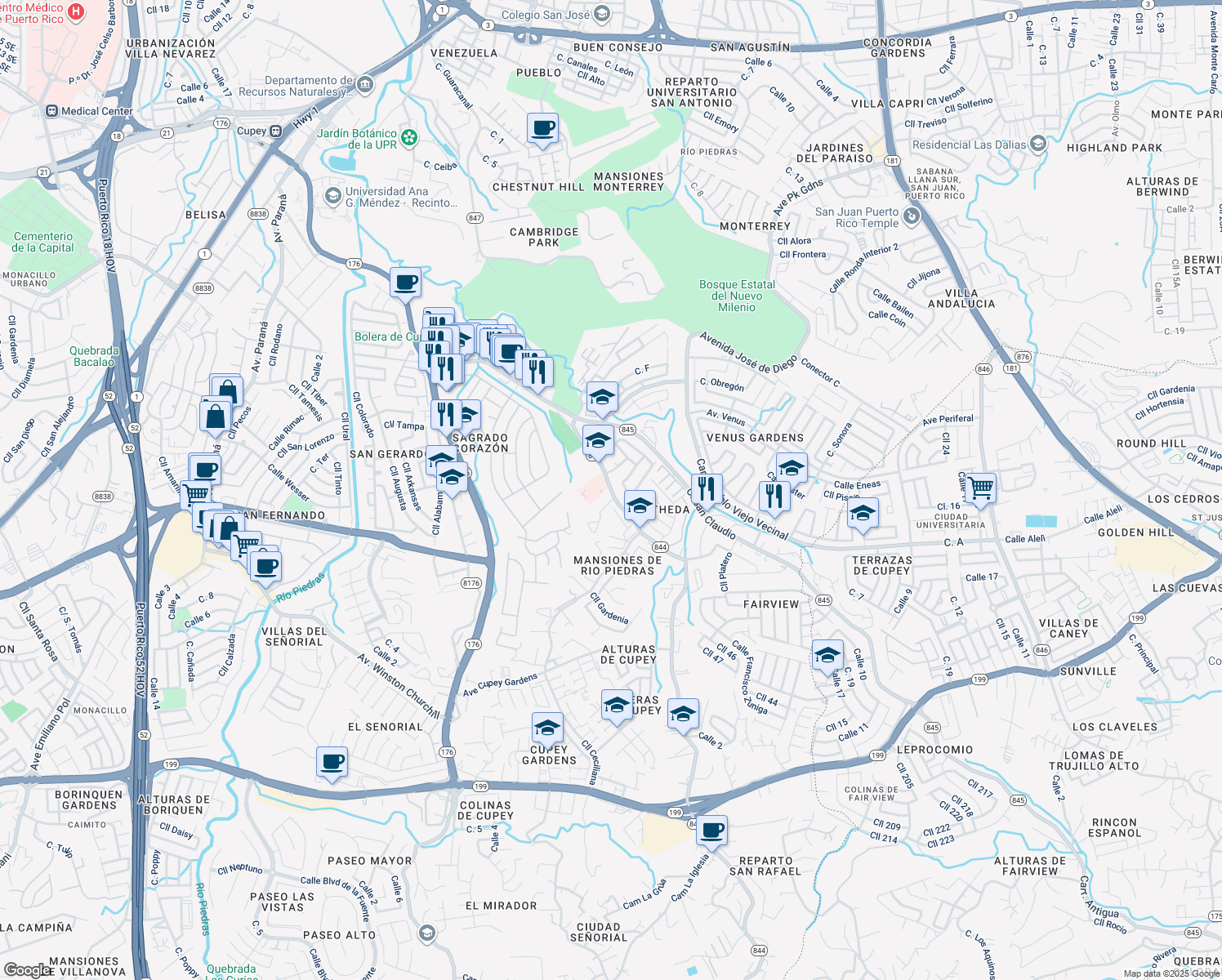 map of restaurants, bars, coffee shops, grocery stores, and more near in San Juan
