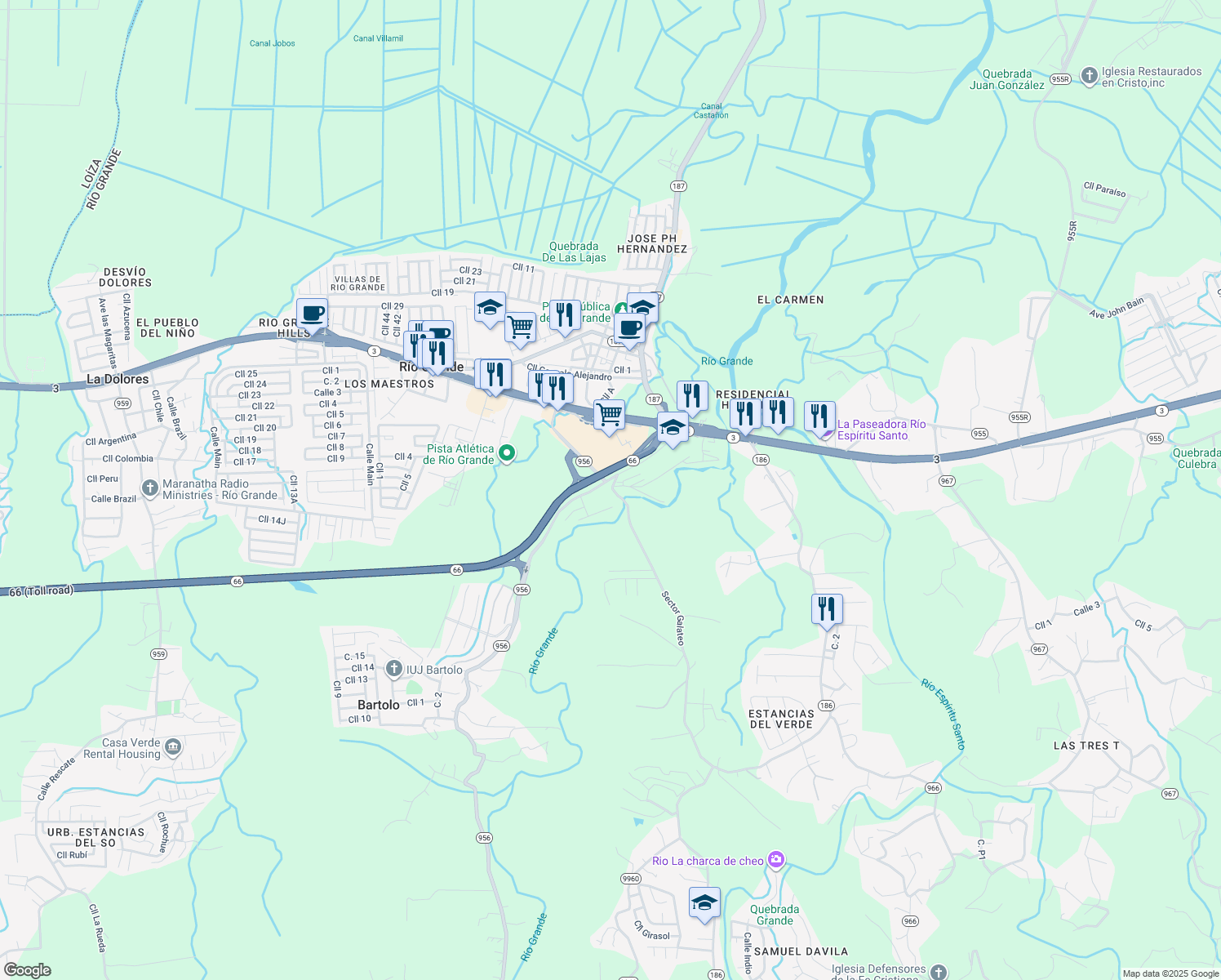 map of restaurants, bars, coffee shops, grocery stores, and more near Puerto Rico 956 in Rio Grande