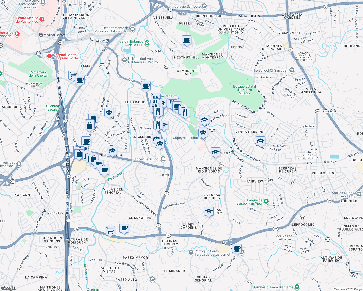 map of restaurants, bars, coffee shops, grocery stores, and more near 1623-1711 Calle Santa Ursula in San Juan