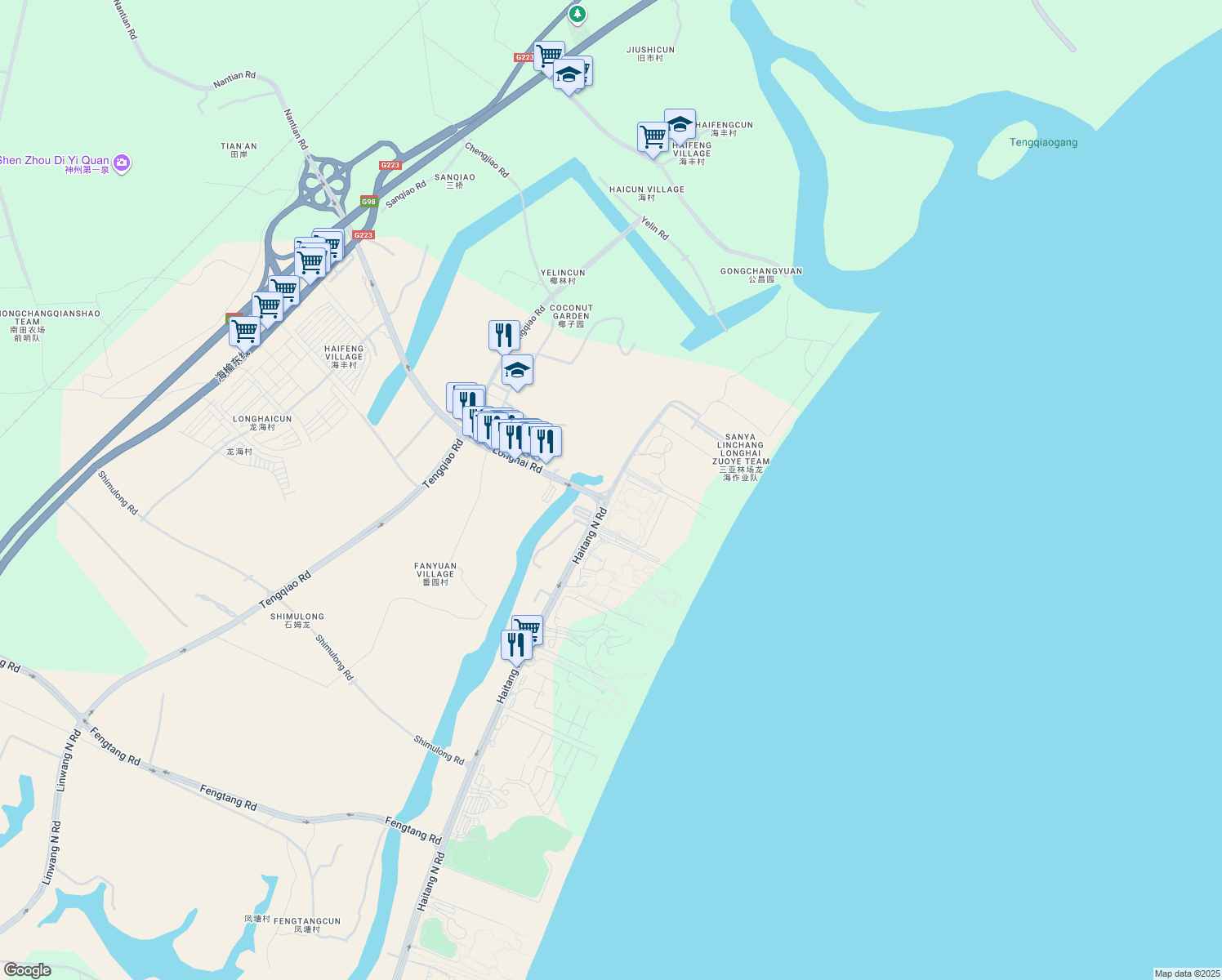 map of restaurants, bars, coffee shops, grocery stores, and more near Haitang Road in Sanya