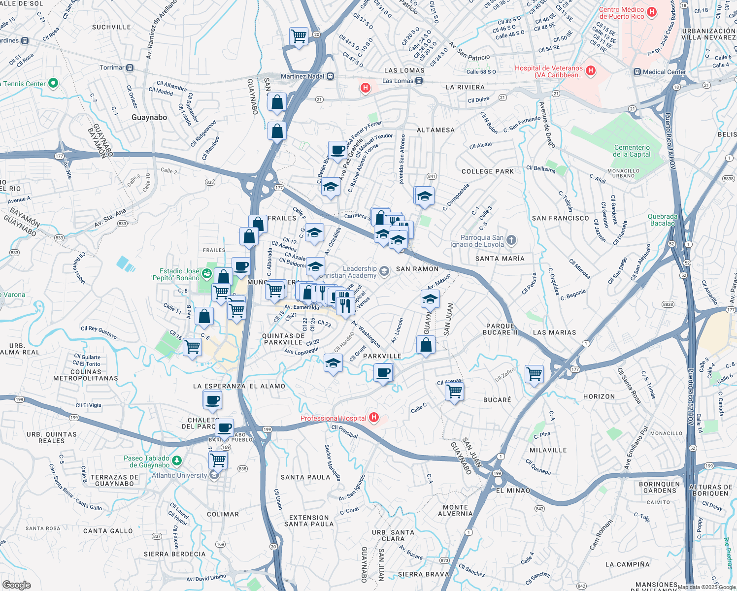 map of restaurants, bars, coffee shops, grocery stores, and more near 1-43 Calle Tornasol in Guaynabo