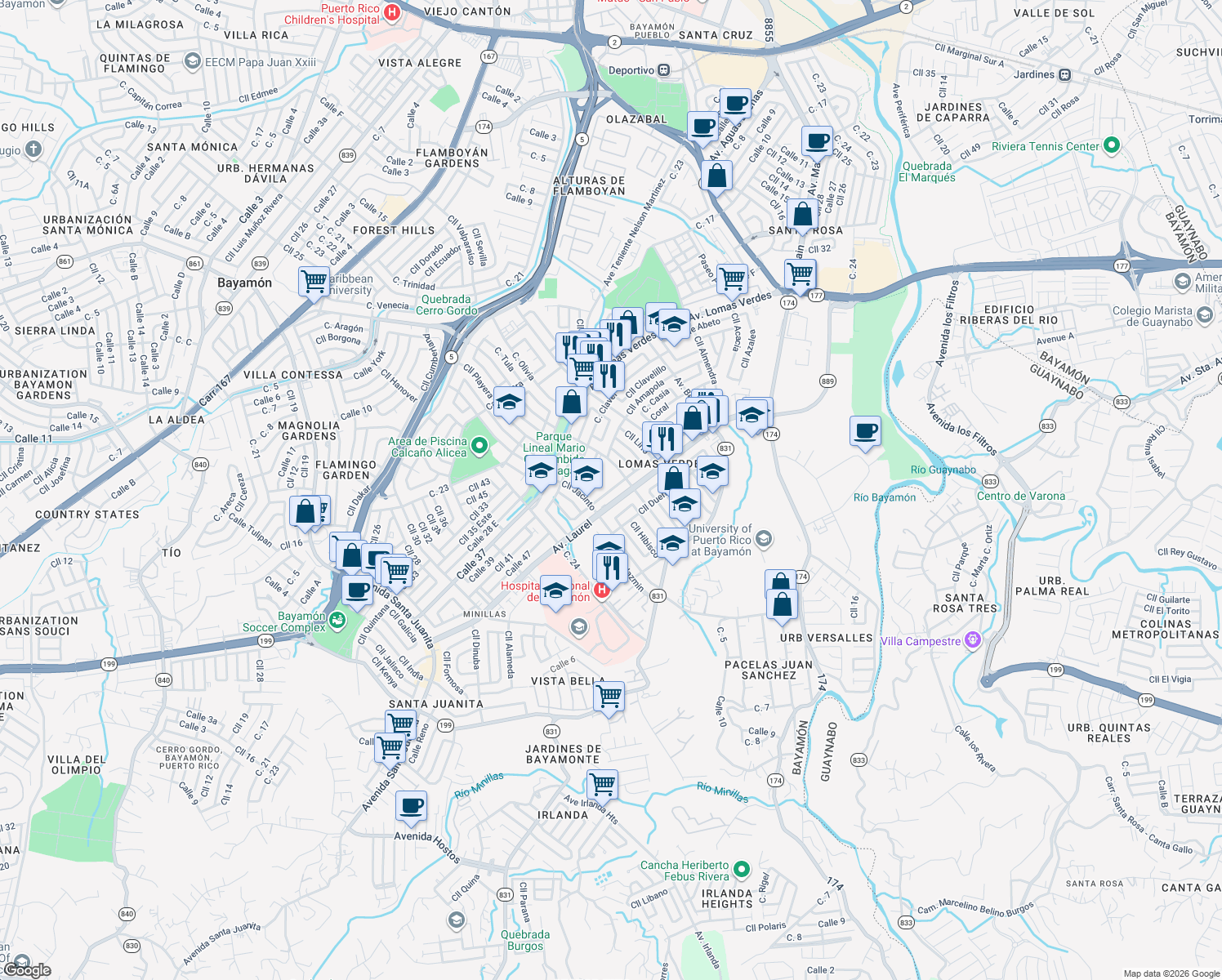 map of restaurants, bars, coffee shops, grocery stores, and more near Calle Drive Pérez Ortiz in Bayamón