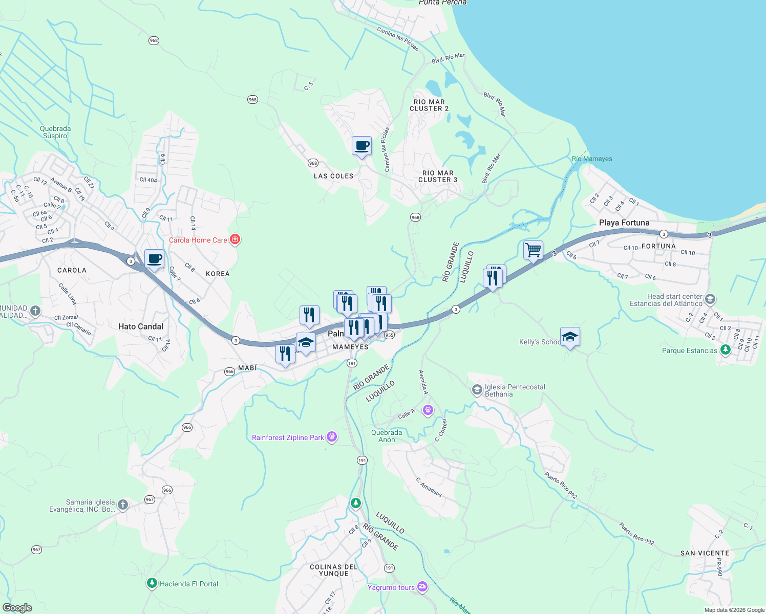 map of restaurants, bars, coffee shops, grocery stores, and more near Puerto Rico 968 in Rio Grande