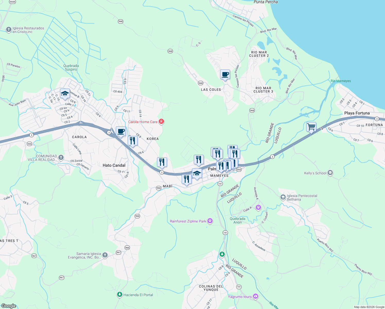 map of restaurants, bars, coffee shops, grocery stores, and more near Calle 9 in Rio Grande