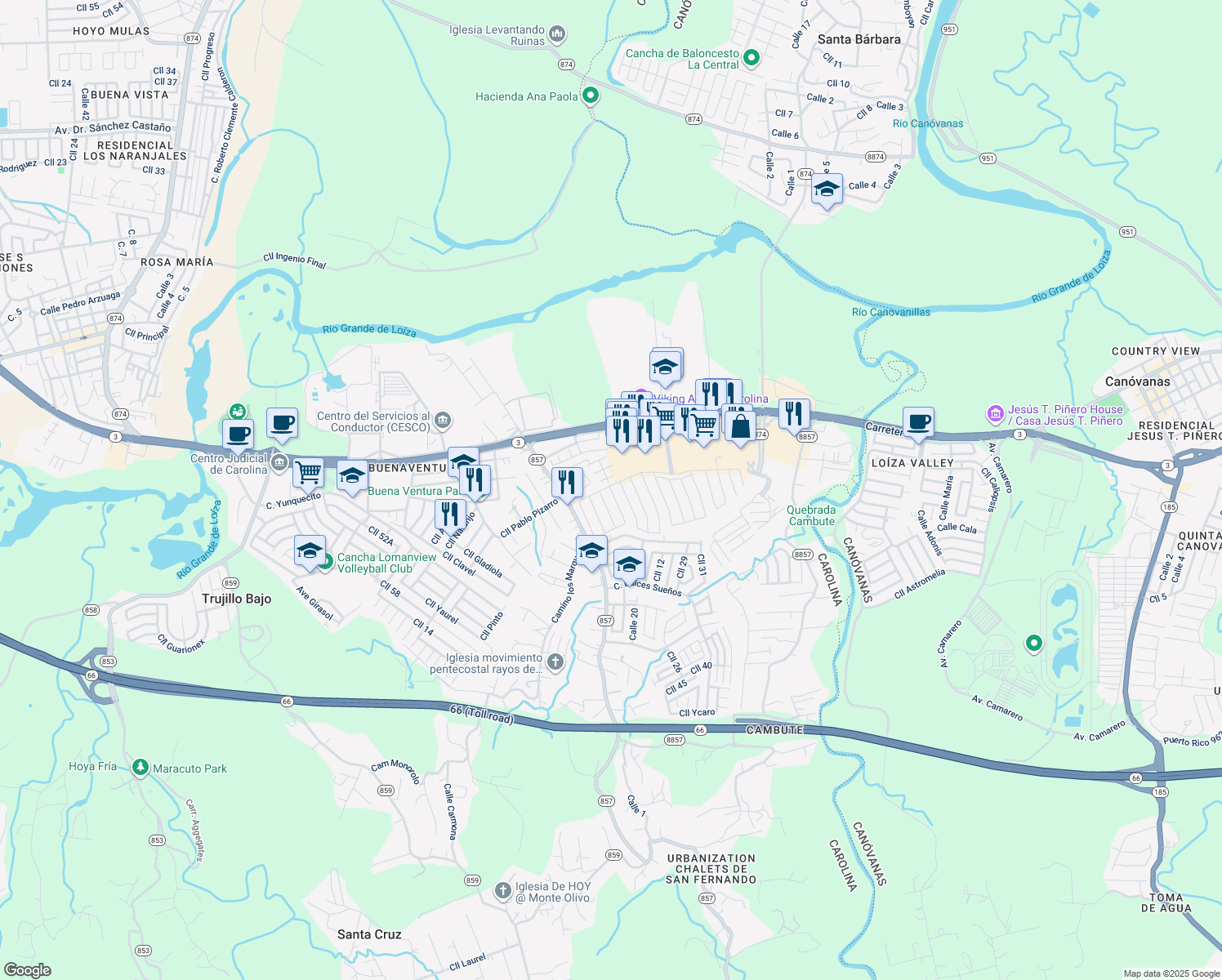 map of restaurants, bars, coffee shops, grocery stores, and more near Calle Gardenia in Carolina