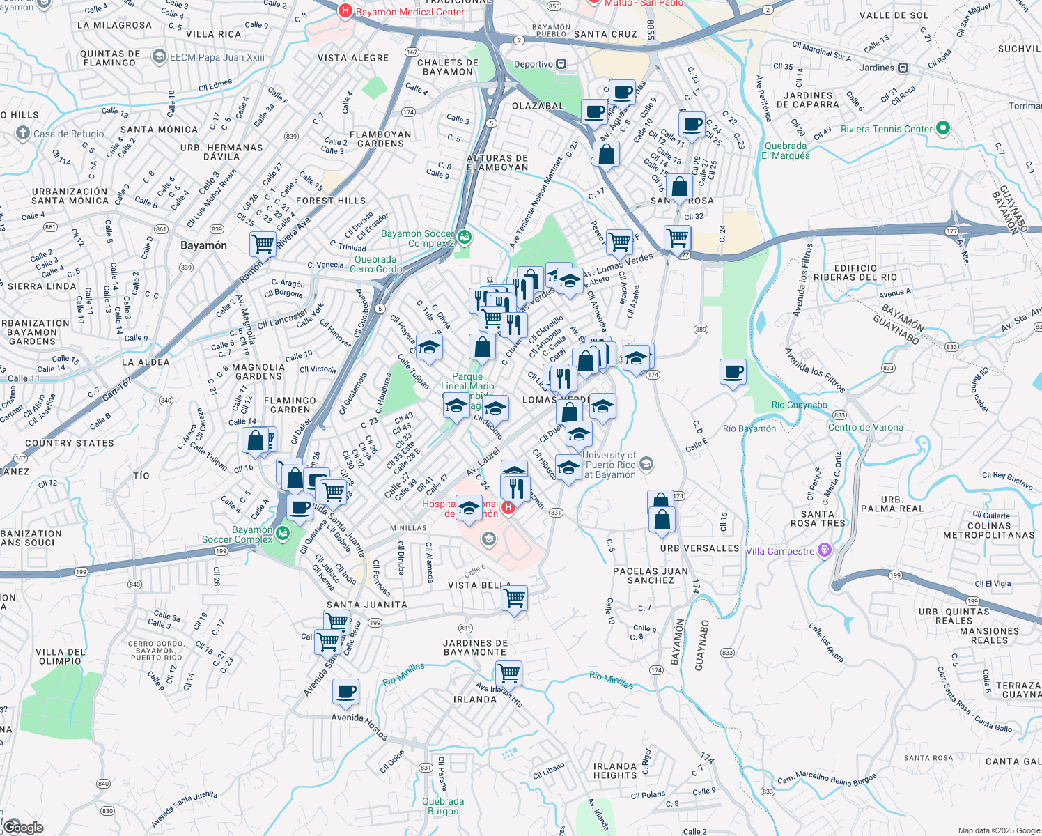 map of restaurants, bars, coffee shops, grocery stores, and more near Calle Drive Pérez Ortiz in Bayamón
