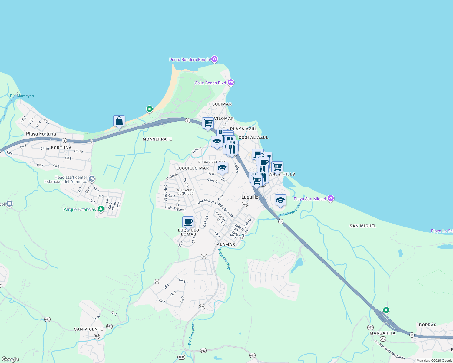 map of restaurants, bars, coffee shops, grocery stores, and more near 2 Calle 5 in Luquillo