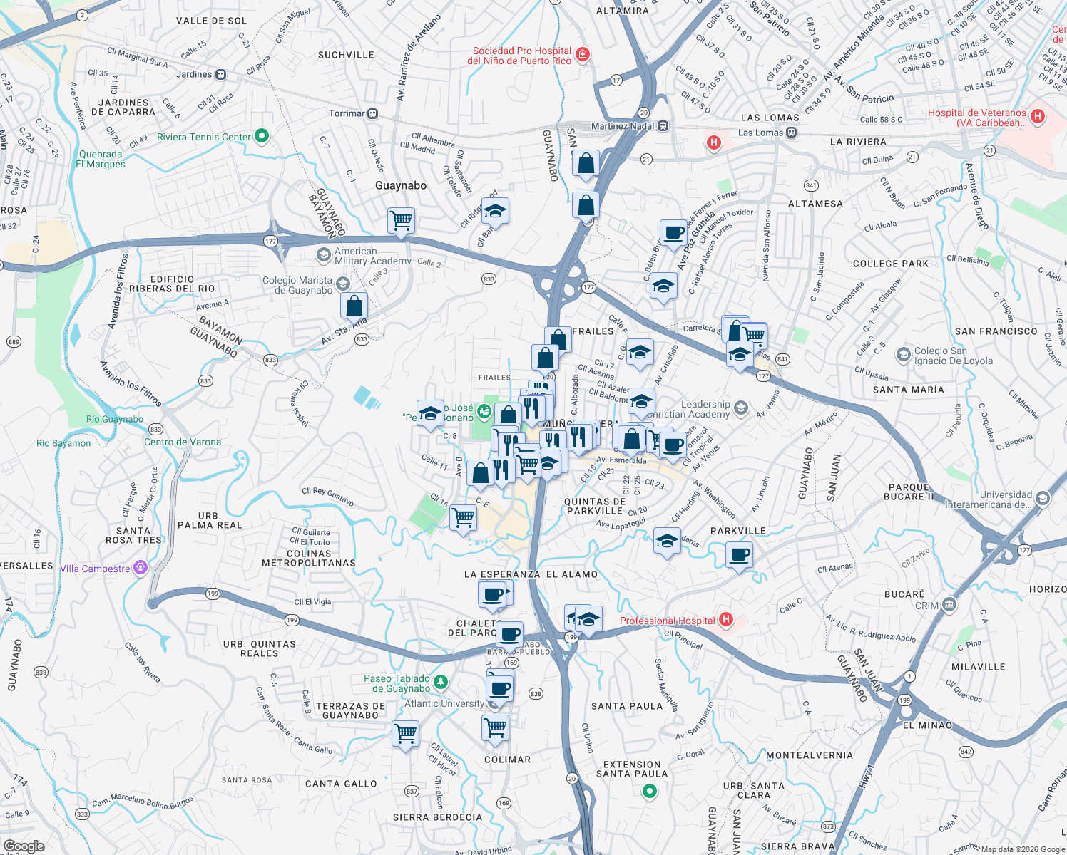 map of restaurants, bars, coffee shops, grocery stores, and more near 130 Calle Marginal in Guaynabo