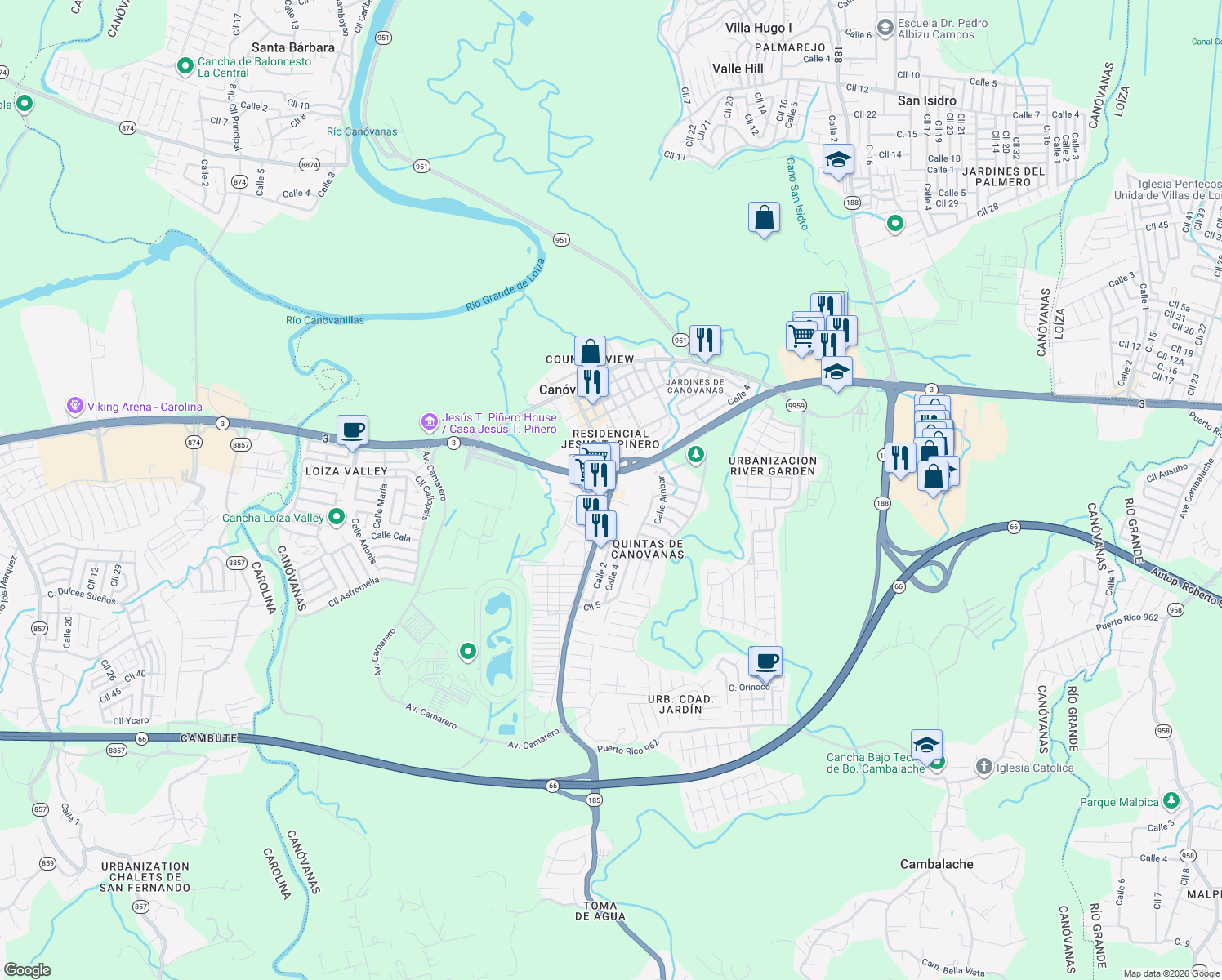 map of restaurants, bars, coffee shops, grocery stores, and more near Puerto Rico 185 in Canóvanas