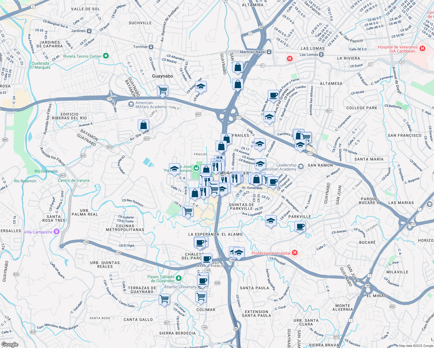 map of restaurants, bars, coffee shops, grocery stores, and more near 130 Calle Marginal in Guaynabo