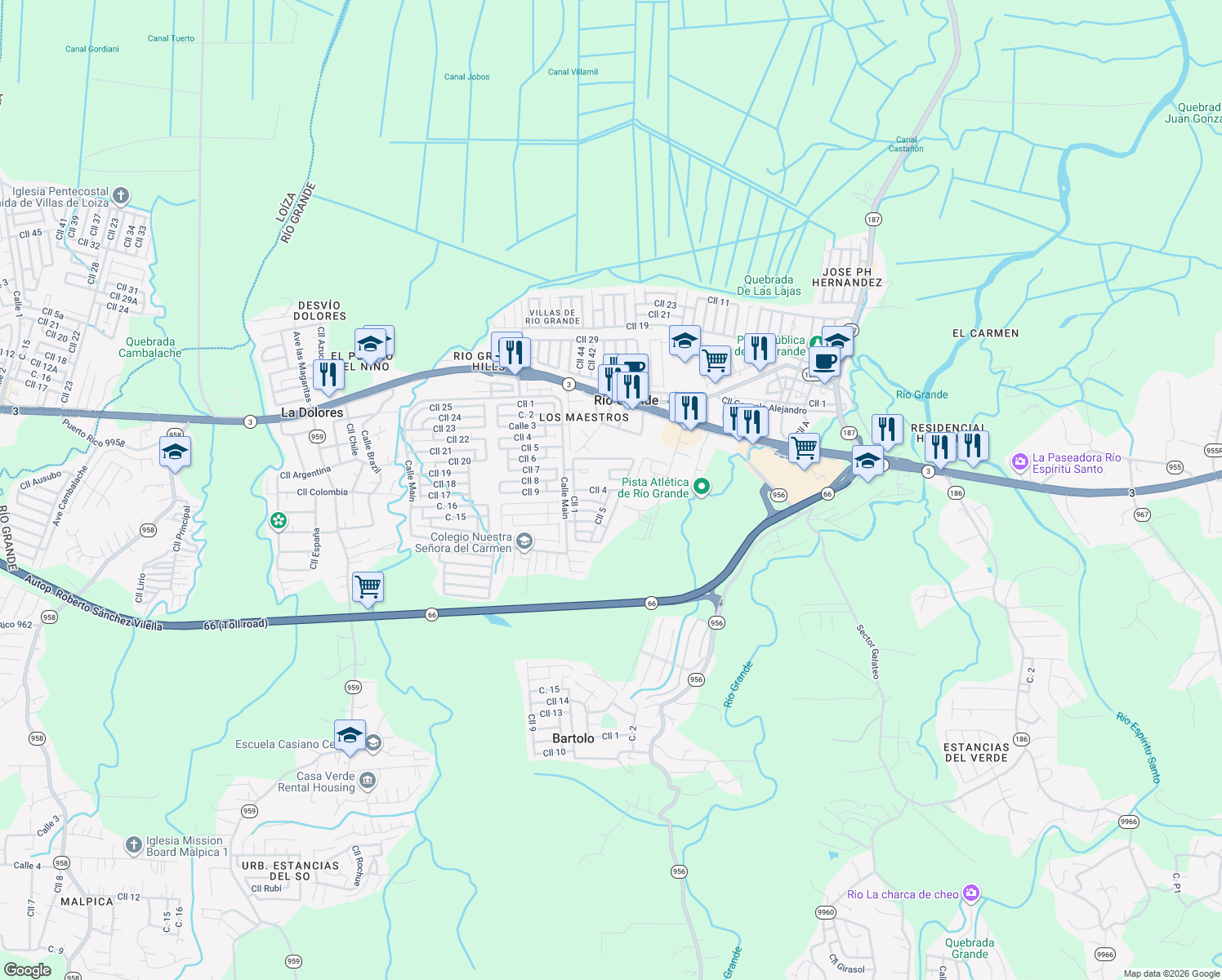 map of restaurants, bars, coffee shops, grocery stores, and more near Calle 5 in Río Grande