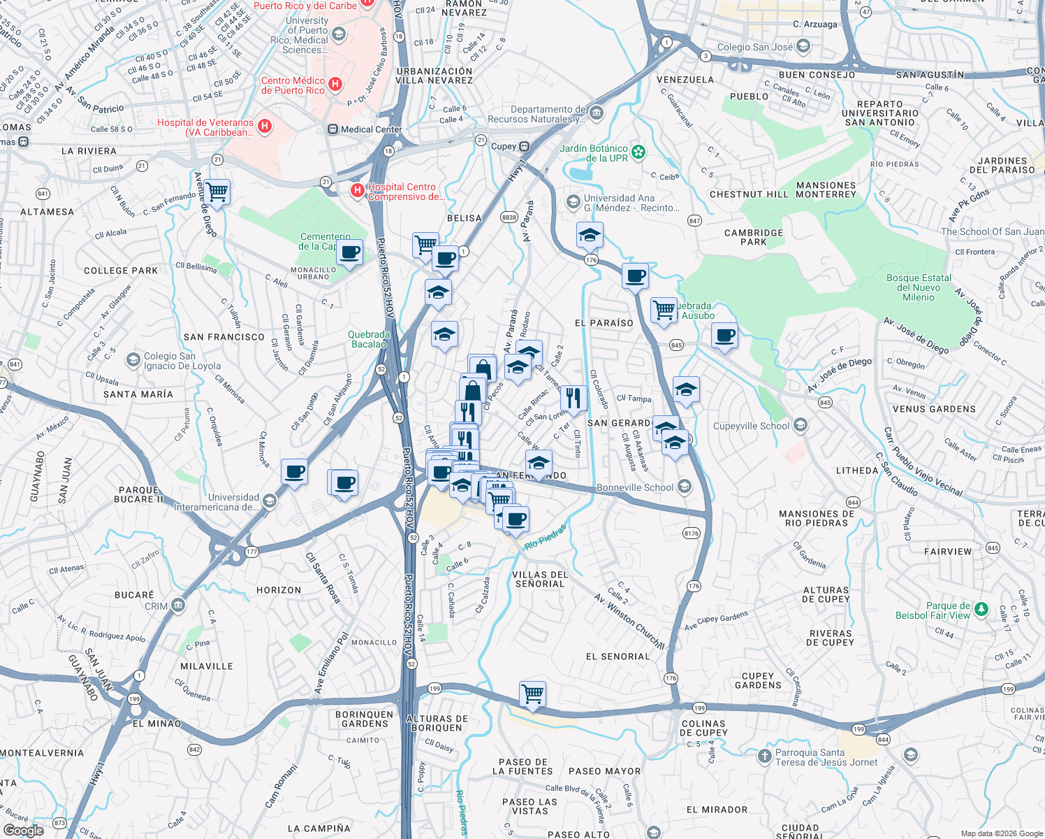 map of restaurants, bars, coffee shops, grocery stores, and more near 1673 Calle Rimac in San Juan