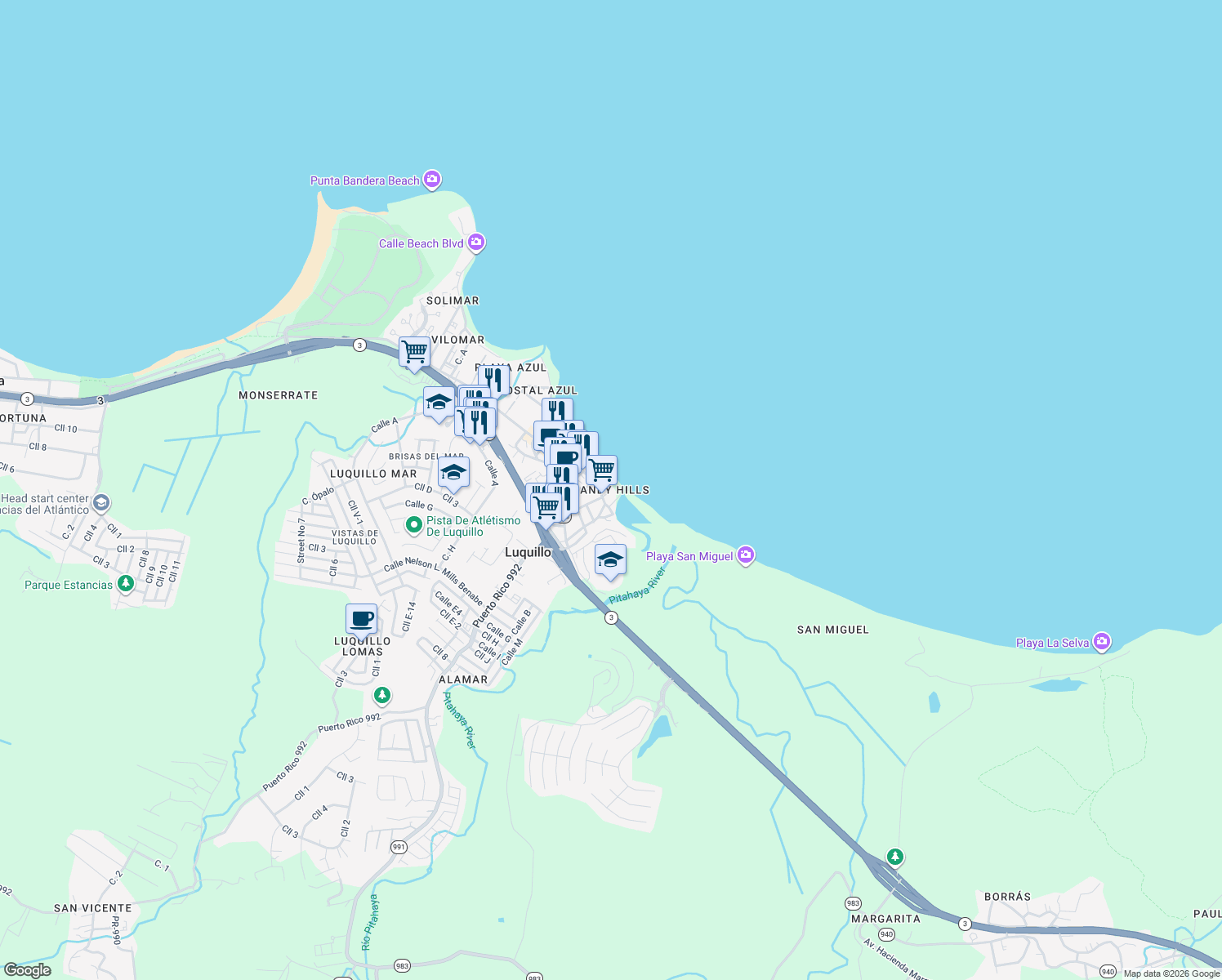 map of restaurants, bars, coffee shops, grocery stores, and more near in Luquillo