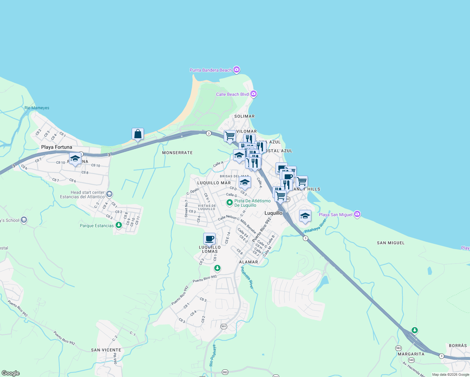 map of restaurants, bars, coffee shops, grocery stores, and more near 30 Calle 8 in Luquillo