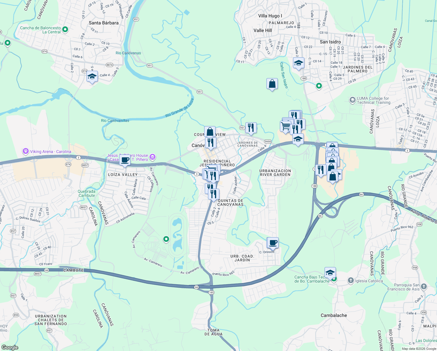 map of restaurants, bars, coffee shops, grocery stores, and more near in Canóvanas